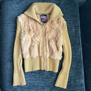 Vintage Y2K leather USA genuine rabbit fur khaki zip up jacket
